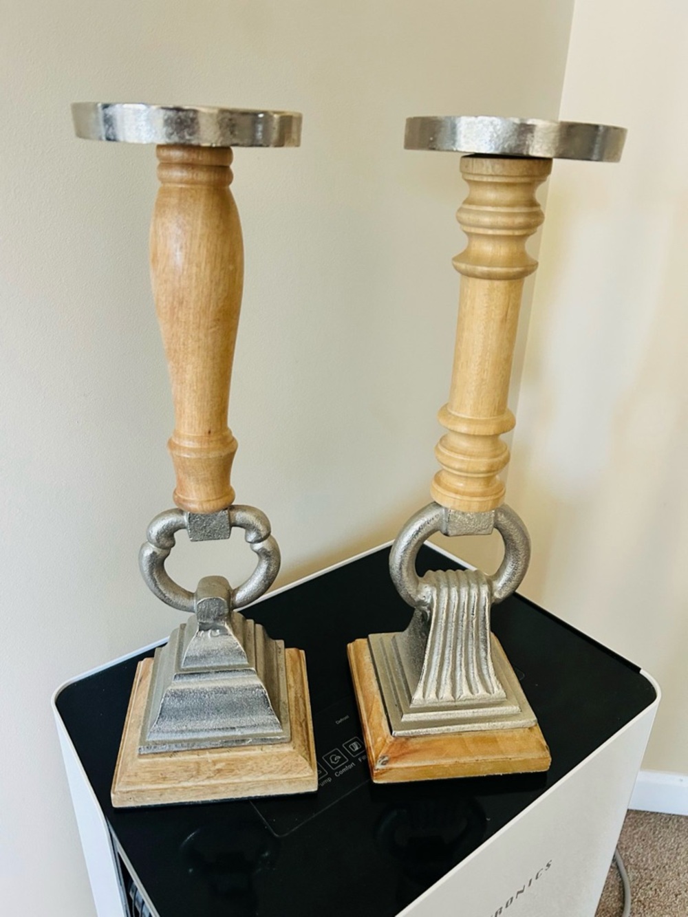 Pottery Barn Natural Wood and Silver-Tone Candle Holders - Set of 2
